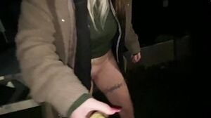 "Street girl humiliated and fucks a fake cock for a guy on the street"