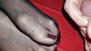Cum on dark red toenails nylon