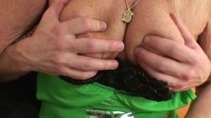 Towheaded grandmother in pantyhose rails stranger's penis
