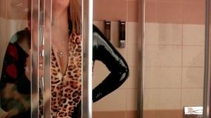 'Latex Rubber Leopard Print Catsuit and Milk in The Bath. Curvy Fetish Milf Teasing.'