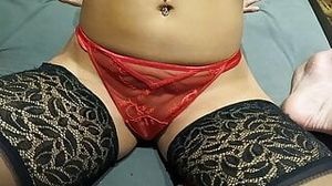 my stepmom in sexy red lingerie and black stockings jerks off my cock with oil to make me cum on her big natural tits